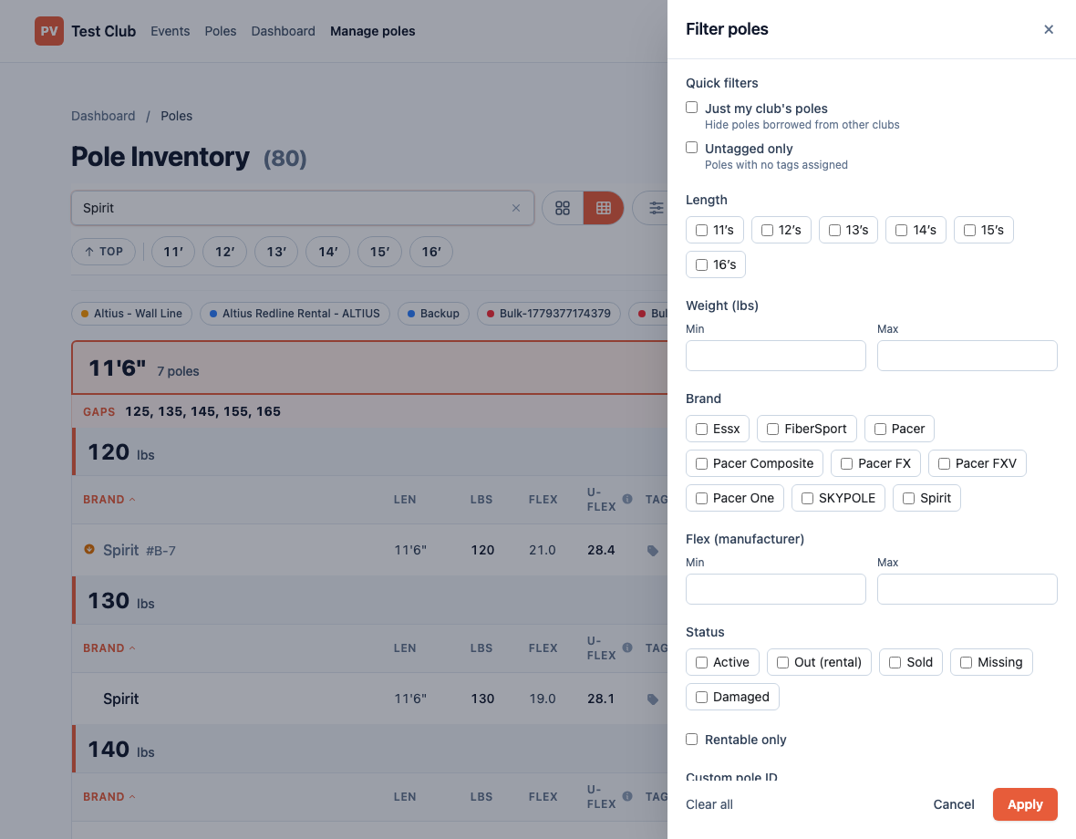 Pole inventory with the filter panel open — length, weight, brand, flex, and status filters