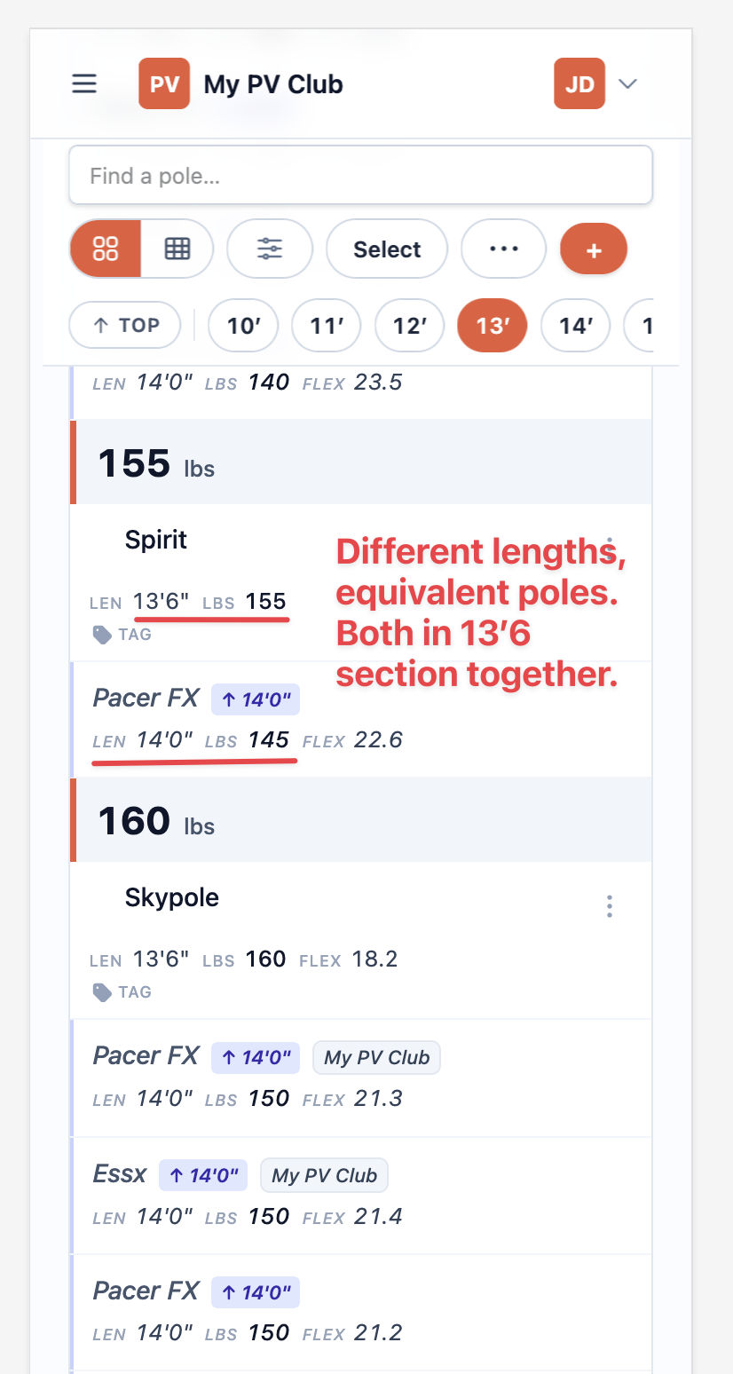 Pole inventory with suggested alternate poles shown inline