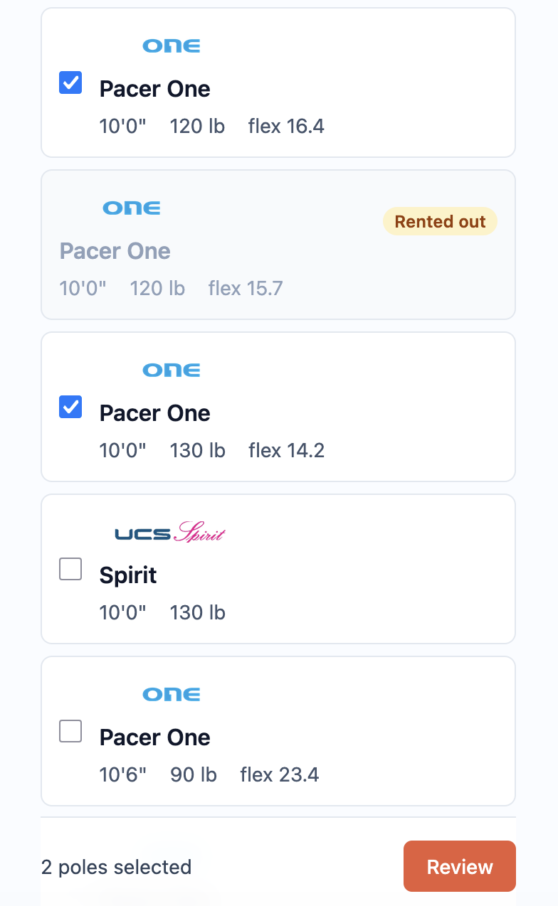 A vaulter selecting available poles to rent on their phone, with a rented-out pole dimmed and unavailable