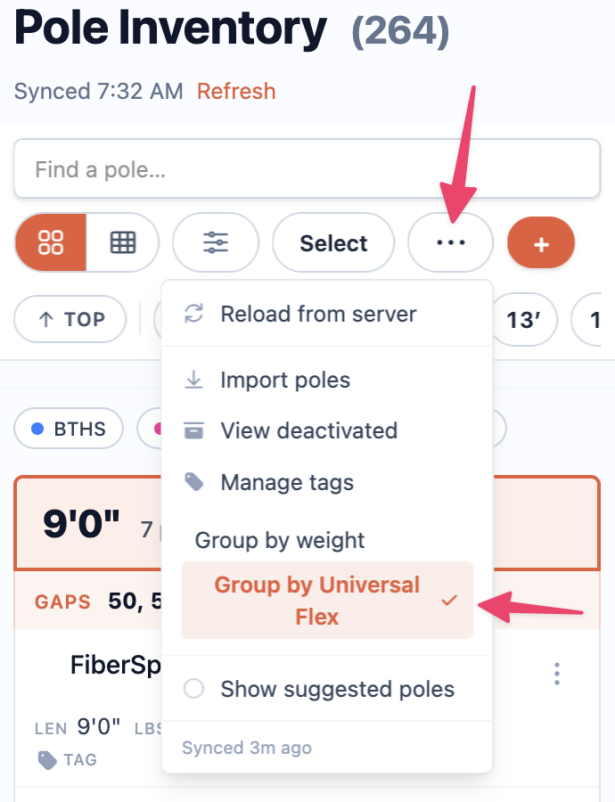 The poles menu with “Group by Universal Flex” selected